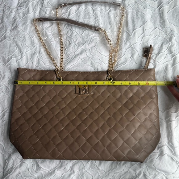 Badgley Mischka Tan Brown Quilted Tote Bag Gold Detail Vegan Leather Zipper - Picture 7 of 8